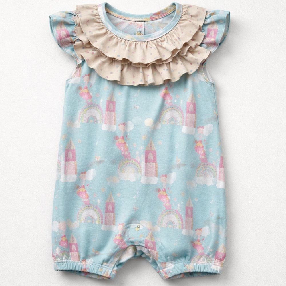 Pete and Lucy blue and pink Princess and castle ruffle neck bubble romper 12-18m